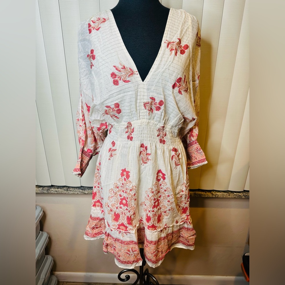 Lovestitch Ivory Floral V-neck Boho Dress Red/Pink Floral Cotton Blend Size L